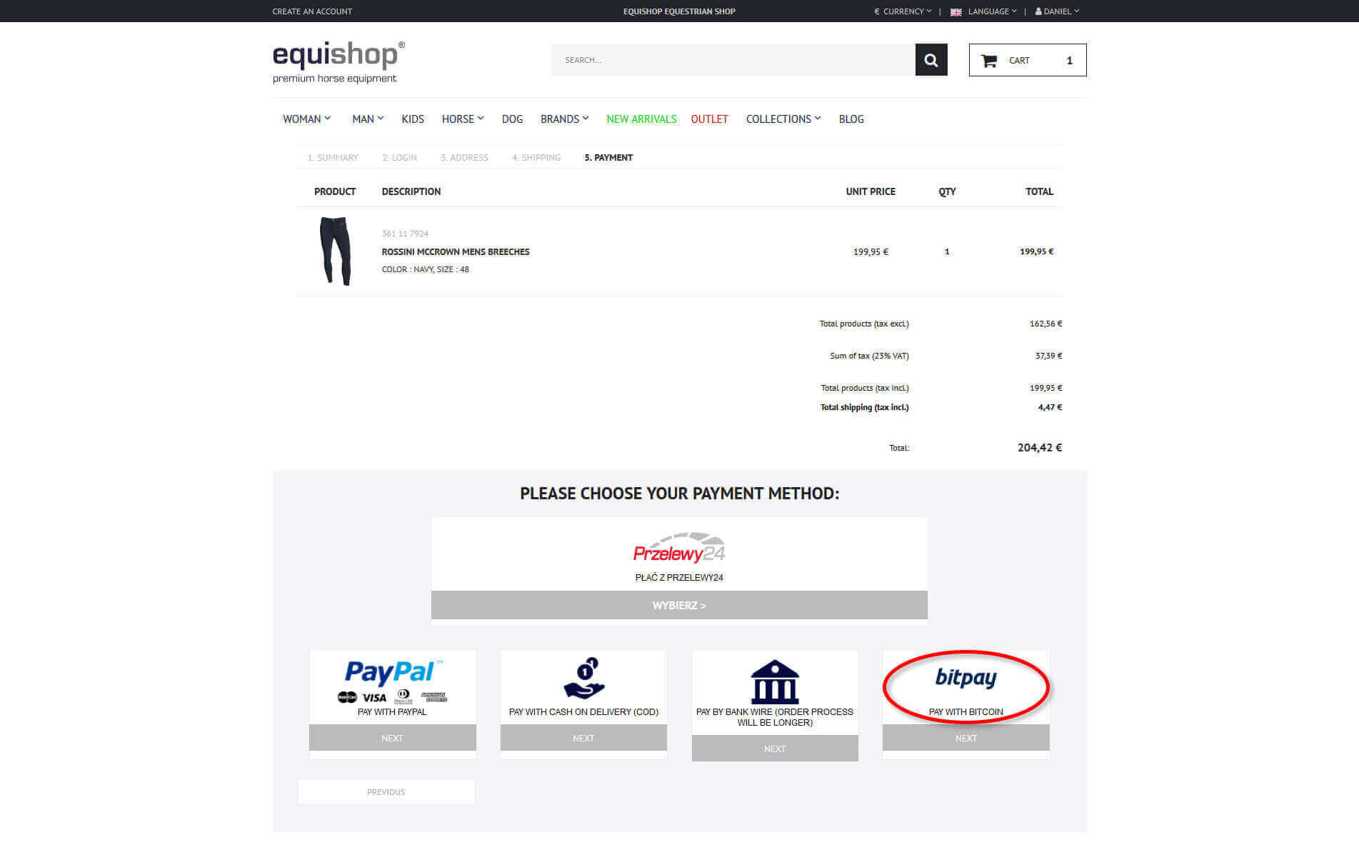 How to choose Bitcoin payment in Equishop?