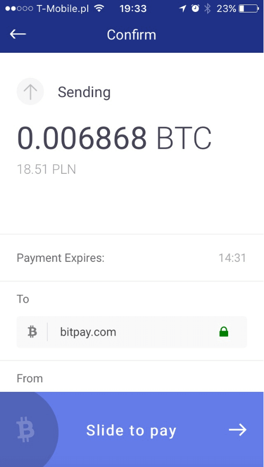 Page to confirm BTC payment