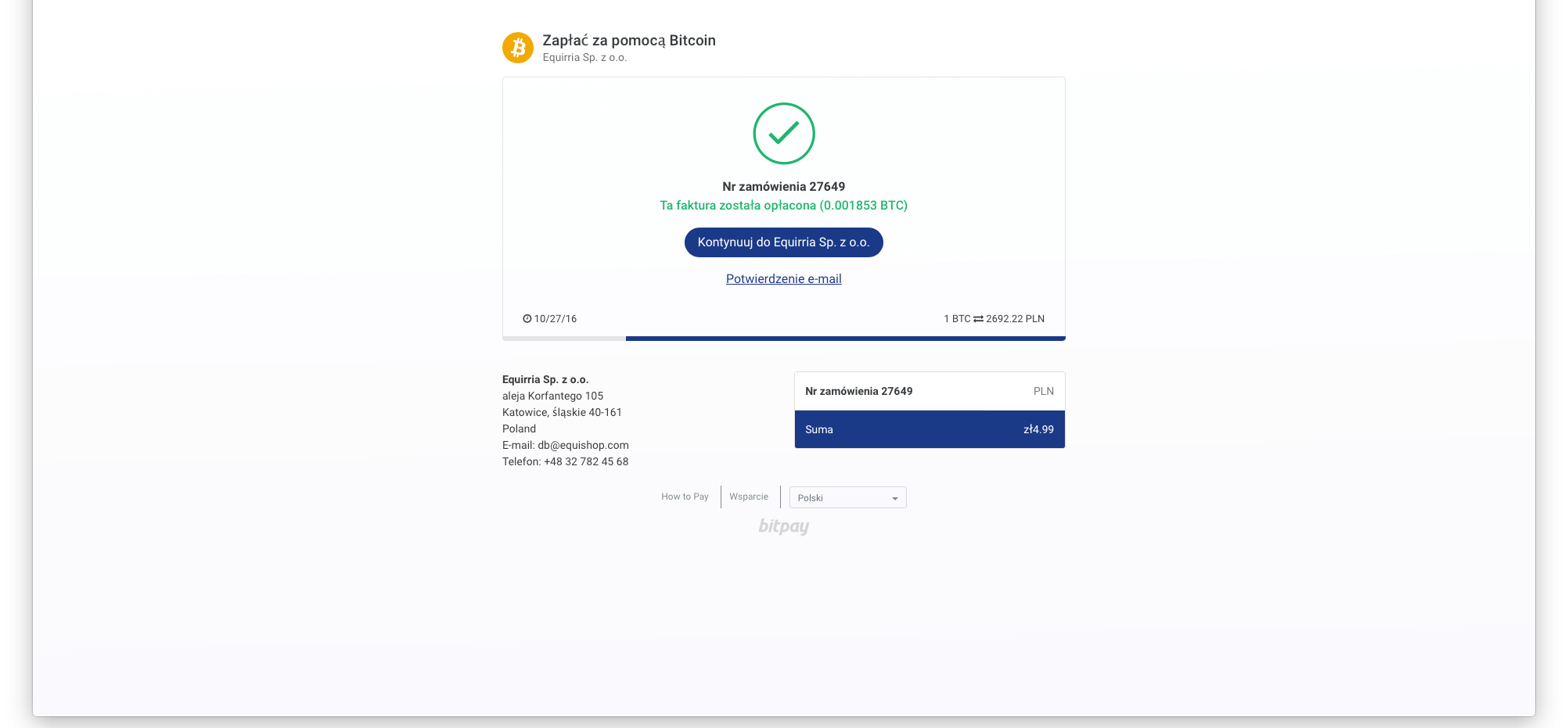 Summary page of bitcoin payment confirmation